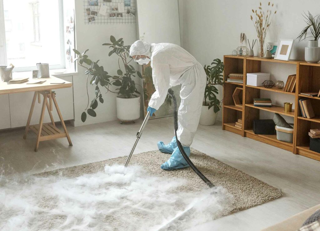 Bild på en som tvättar en matta i vardagsrummet